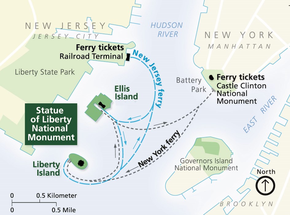 Karte, auf der die Fährrouten zur Liberty Island sowohl von New Jersey als auch von Manhattan eingezeichnet sind.
